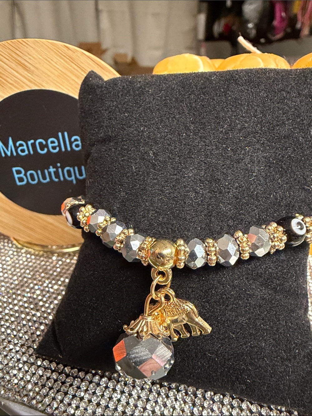 Gold & Gray Beaded Elephant Charm Bracelet